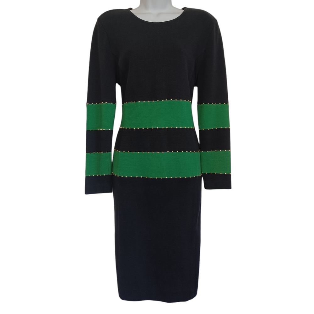 Gold Studded Black Green Stripe Print Long Sleeve Sweater Midi Dress Medium